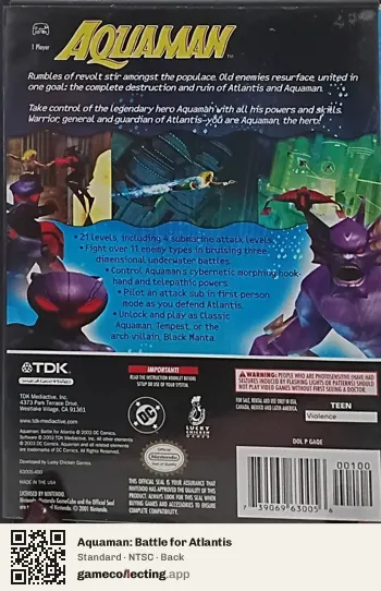 Aquaman: Battle for Atlantis Nintendo GameCube, NTSC box back