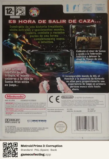 Metroid Prime 3: Corruption Nintendo Wii, Spain box back