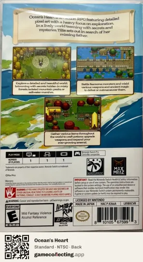 Ocean's Heart Nintendo Switch, NTSC box back
