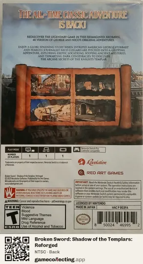 Broken Sword: Shadow of the Templars: Reforged Nintendo Switch, NTSC box back