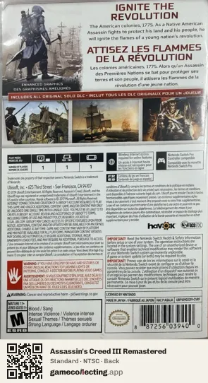 Assassin's Creed III Remastered Nintendo Switch, NTSC box back