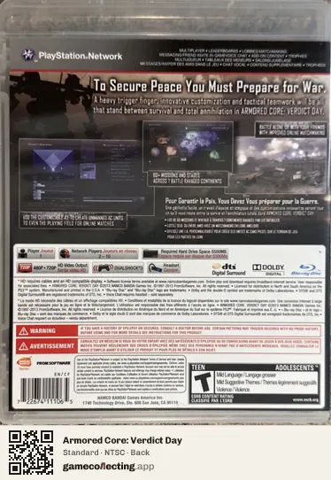 Armored Core: Verdict Day PlayStation 3, NTSC box back