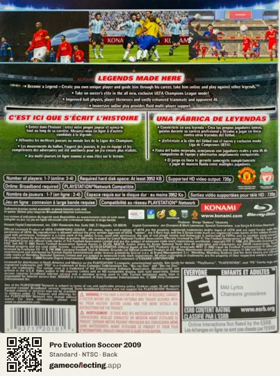 Pro Evolution Soccer 2009 PlayStation 3, NTSC box back