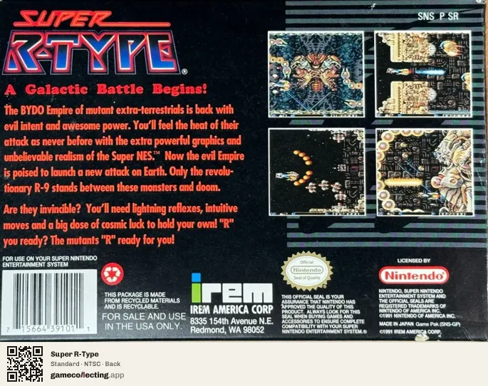 Super R-Type Super Nintendo Entertainment System, NTSC box back
