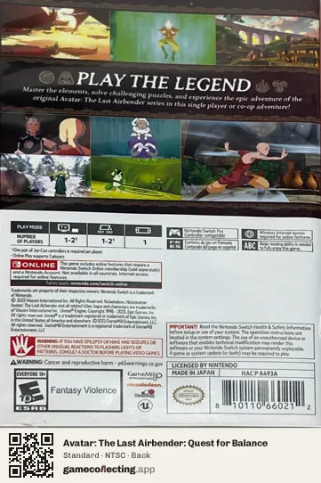 Avatar: The Last Airbender: Quest for Balance Nintendo Switch, NTSC box back