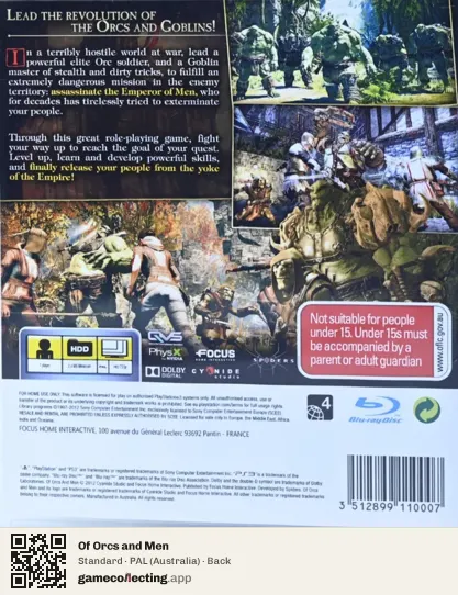 Of Orcs and Men PlayStation 3, Australia box back