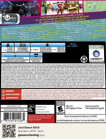 Just Dance 2016 PlayStation 3, NTSC box back