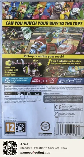 Arms Nintendo Switch, North America box back