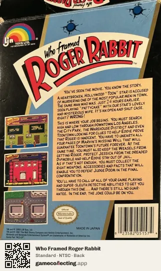 Who Framed Roger Rabbit Nintendo Entertainment System, NTSC box back