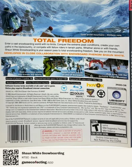 Shaun White Snowboarding PlayStation 3, NTSC box back