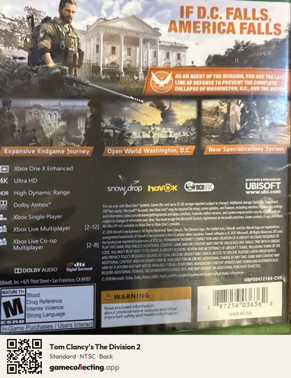 Tom Clancy's The Division 2 Xbox One, NTSC box back