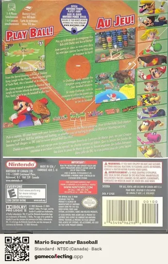 Mario Superstar Baseball Nintendo GameCube, Canada box back