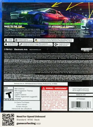 Need for Speed Unbound PlayStation 5, NTSC box back