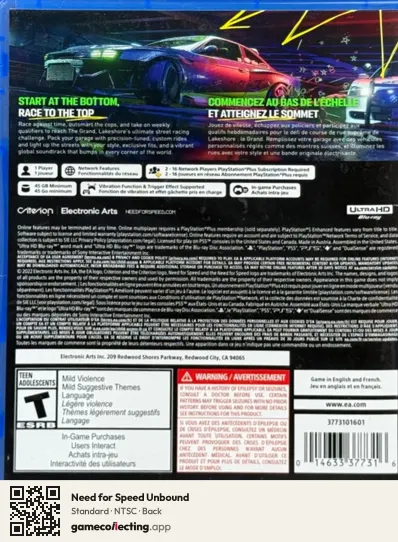 Need for Speed Unbound PlayStation 5, NTSC box back