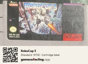 RoboCop 3 Super Nintendo Entertainment System, NTSC cartridge label