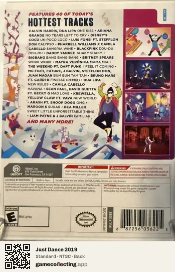Just Dance 2019 Nintendo Wii, NTSC box back