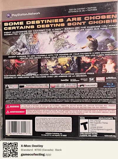 X-Men: Destiny PlayStation 3, Canada box back