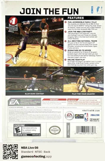 NBA Live 08 Nintendo Wii, NTSC box back