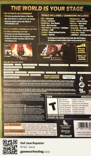 Def Jam Rapstar Xbox 360, NTSC box back