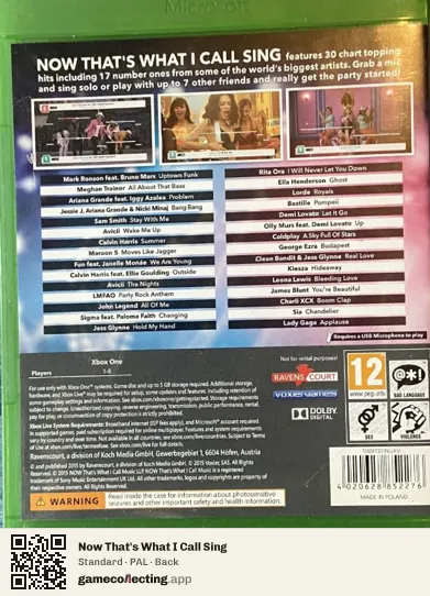 Now That's What I Call Sing Xbox One, PAL box back