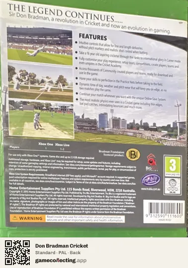 Don Bradman Cricket Xbox One, PAL box back