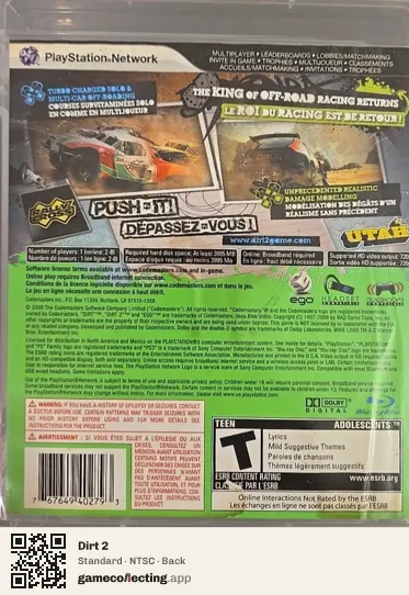 Dirt 2 PlayStation 3, NTSC box back