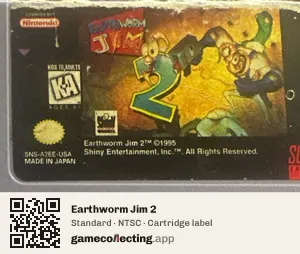 Earthworm Jim 2 Super Nintendo Entertainment System, NTSC cartridge label