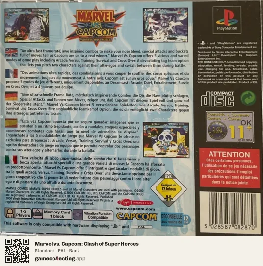 Marvel vs. Capcom: Clash of Super Heroes PlayStation, PAL box back