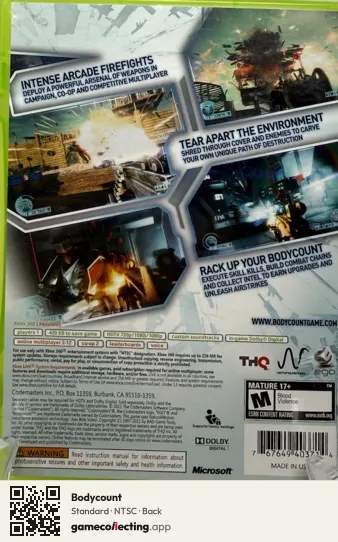 Bodycount Xbox 360, NTSC box back