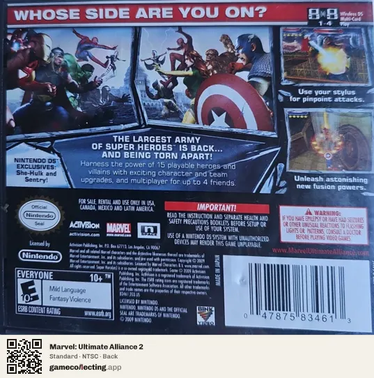 Marvel: Ultimate Alliance 2 Nintendo DS, NTSC box back