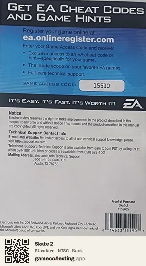 Skate 2 Xbox 360, NTSC box back