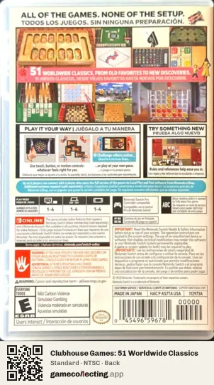 Clubhouse Games: 51 Worldwide Classics Nintendo Switch, NTSC box back