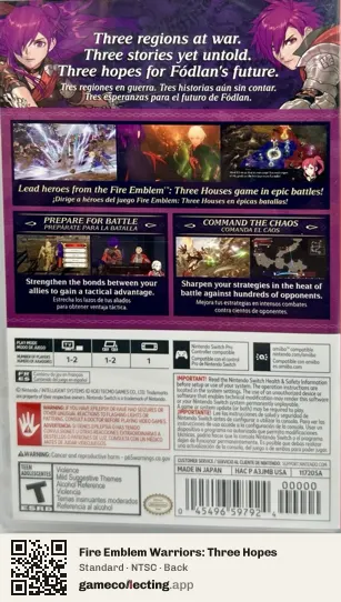 Fire Emblem Warriors: Three Hopes Nintendo Switch, NTSC box back