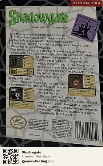Shadowgate Nintendo Entertainment System, PAL box back
