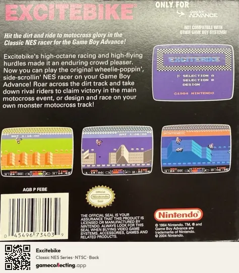 Excitebike Game Boy Advance, NTSC box back