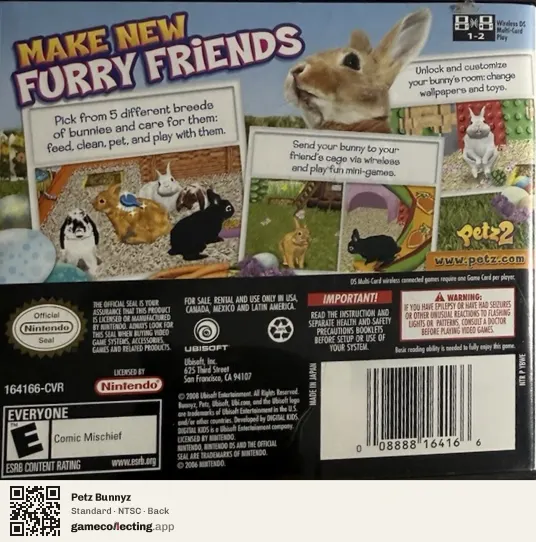 Petz Bunnyz Nintendo DS, NTSC box back