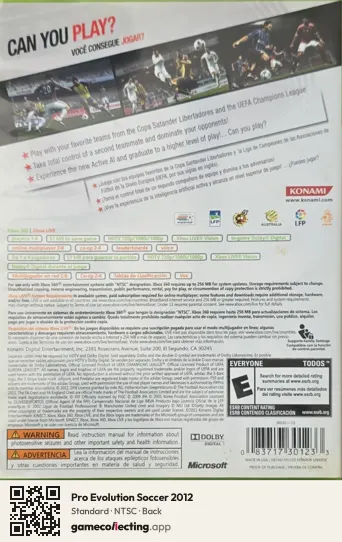 Pro Evolution Soccer 2012 Xbox 360, NTSC box back