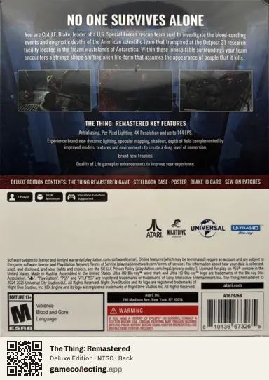 The Thing: Remastered PlayStation 5, NTSC box back