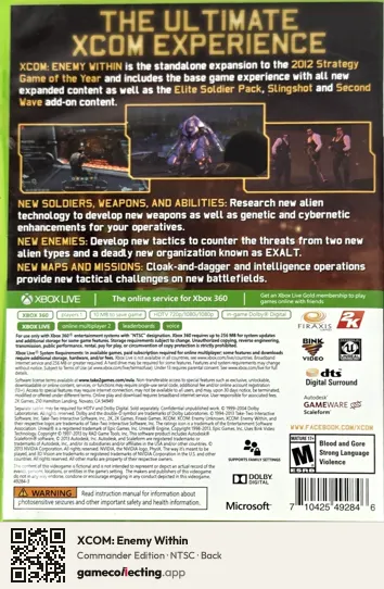 XCOM: Enemy Within Xbox 360, NTSC box back