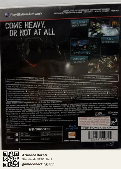 Armored Core V PlayStation 3, NTSC box back