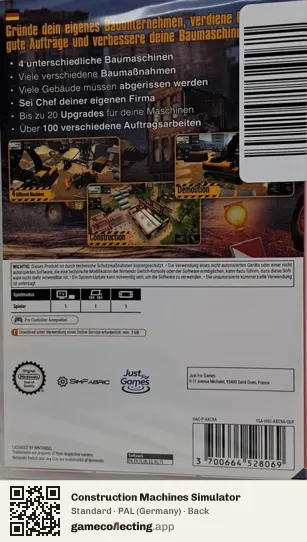 Construction Machines Simulator Nintendo Switch, Germany box back
