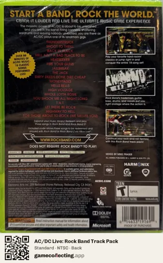 AC/DC Live: Rock Band Track Pack Xbox 360, NTSC box back