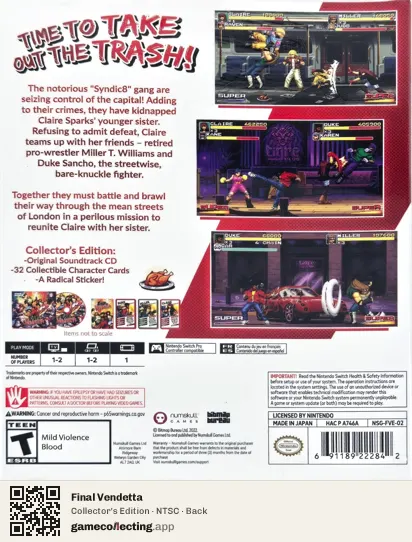 Final Vendetta Nintendo Switch, NTSC box back