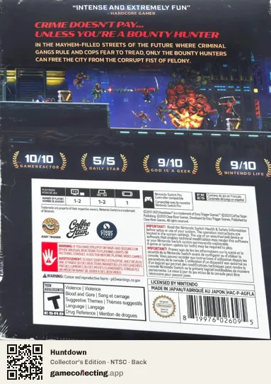 Huntdown Nintendo Switch, NTSC box back