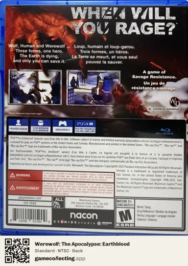 Werewolf: The Apocalypse: Earthblood PlayStation 4, NTSC box back