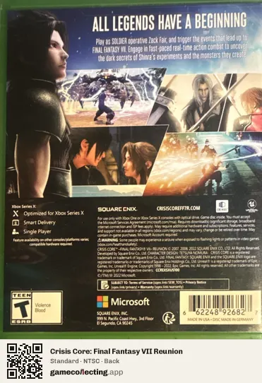 Crisis Core: Final Fantasy VII Reunion Xbox Series X, NTSC box back