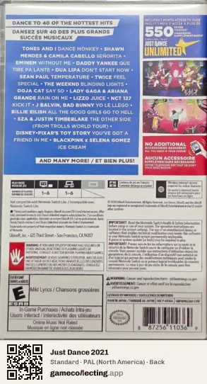 Just Dance 2021 Nintendo Switch, North America box back