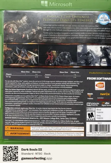 Dark Souls III Xbox One, NTSC box back