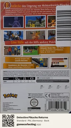 Detective Pikachu Returns Nintendo Switch, Germany box back