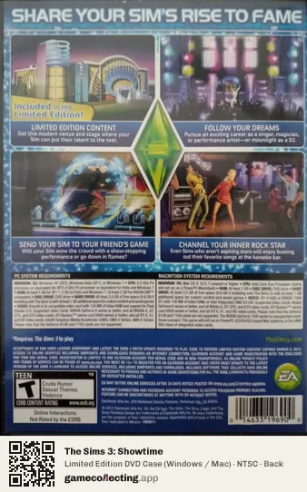 The Sims 3: Showtime Computer, NTSC box back